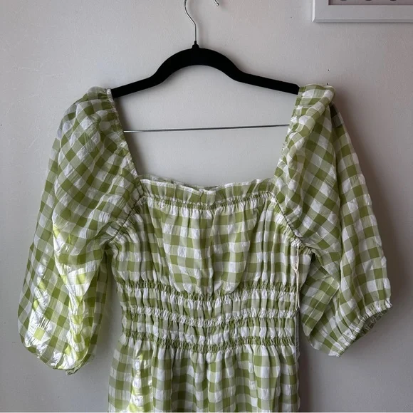 Smocked Gingham Mini Dress in Light Green and White - Picture 3 of 5